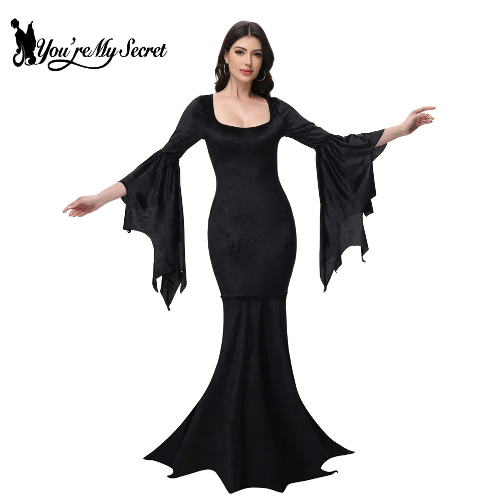 [You're My Secret] Halloween Morticia Adams Primate Black Adams Family Dress Retro Gothic Flared Sleeve Fishtail Dress Vestido