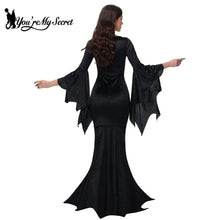 Carregar imagem no visualizador da galeria, [You&#39;re My Secret] Halloween Morticia Adams Primate Black Adams Family Dress Retro Gothic Flared Sleeve Fishtail Dress Vestido
