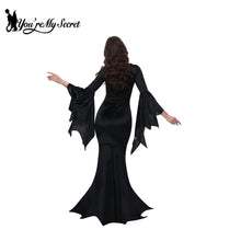 Carregar imagem no visualizador da galeria, [You&#39;re My Secret] Halloween Morticia Adams Primate Black Adams Family Dress Retro Gothic Flared Sleeve Fishtail Dress Vestido
