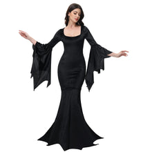 Carregar imagem no visualizador da galeria, [You&#39;re My Secret] Halloween Morticia Adams Primate Black Adams Family Dress Retro Gothic Flared Sleeve Fishtail Dress Vestido
