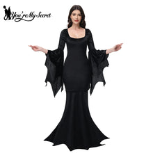 Carregar imagem no visualizador da galeria, [You&#39;re My Secret] Halloween Morticia Adams Primate Black Adams Family Dress Retro Gothic Flared Sleeve Fishtail Dress Vestido
